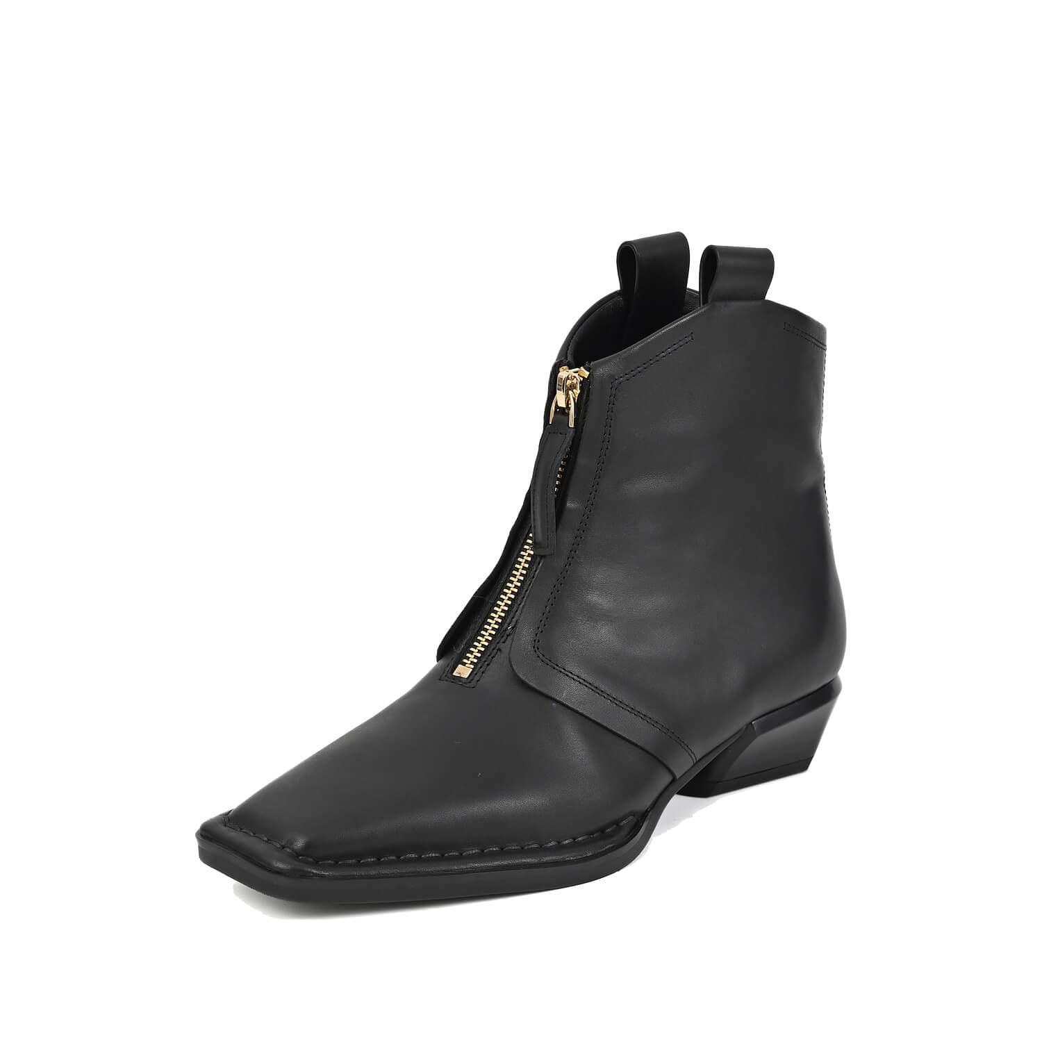 black ankle booties with front zip and square toe by Antelope Shoes