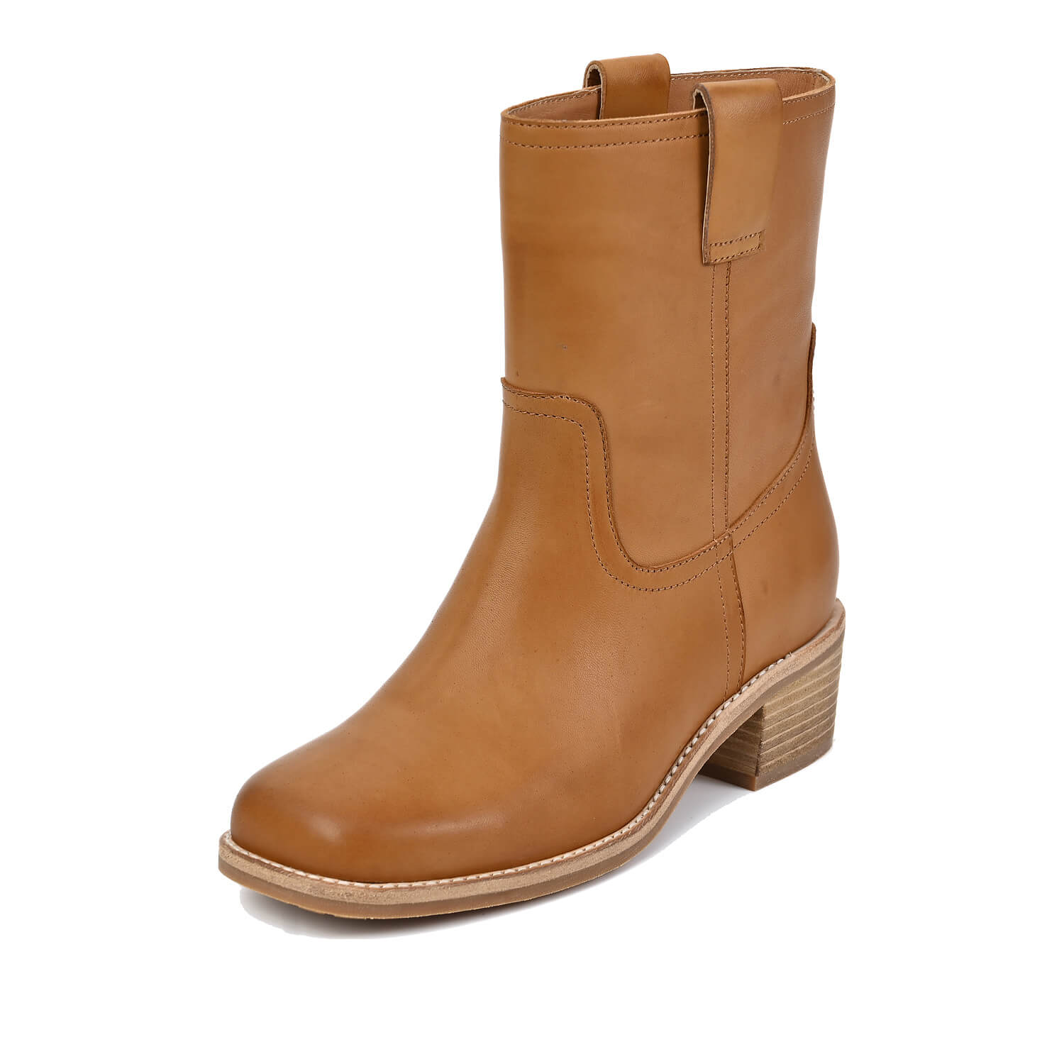 mid calf leather boots in camel with pull tabs by Antelope Shoes