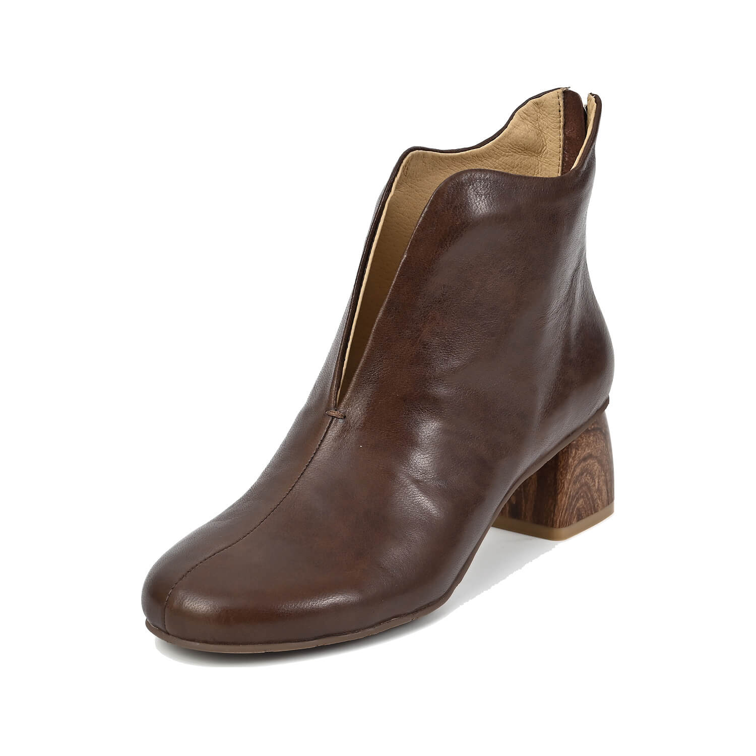 Cognac leather ankle boots with a V notch topline and marbled wood-effect heel
