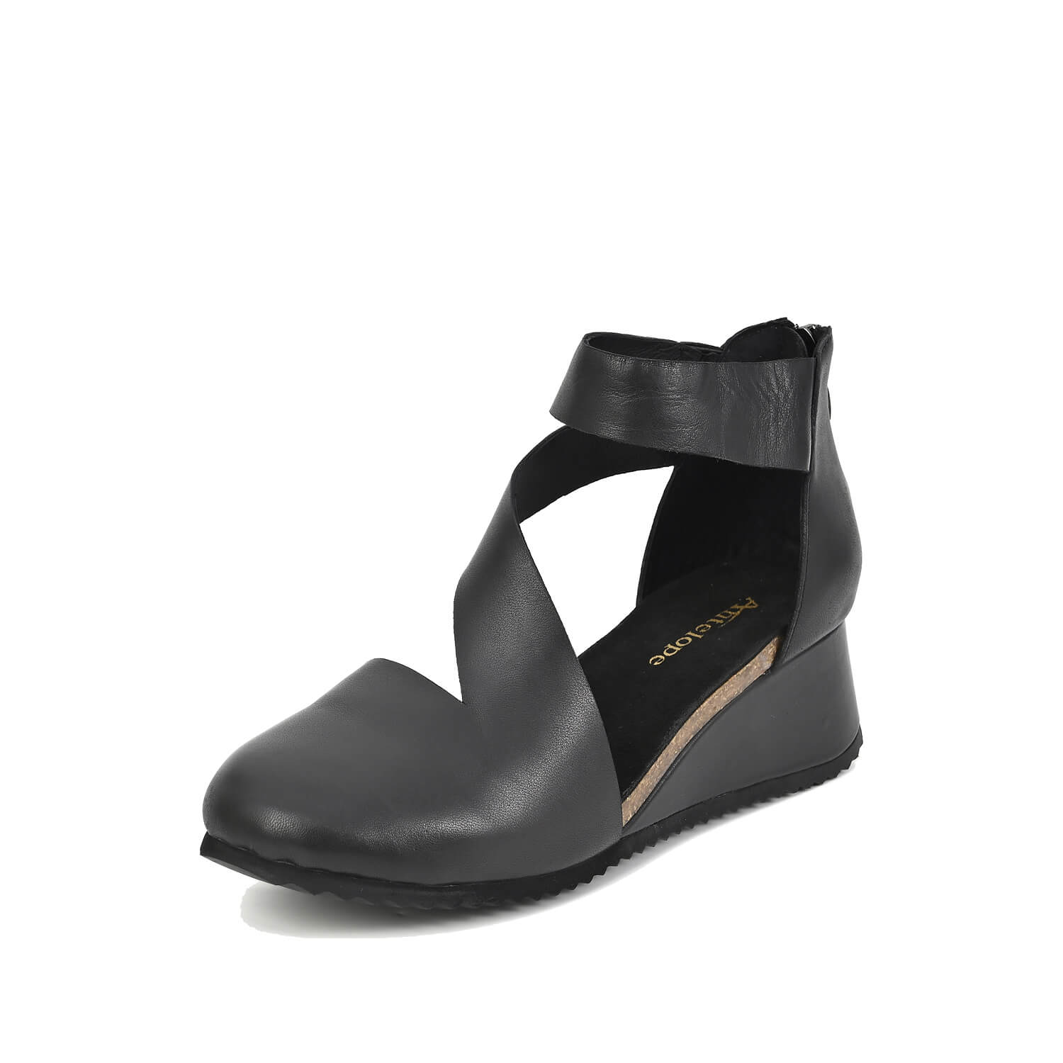 cut out booties with crossover straps on a low wedge by Antelope Shoes