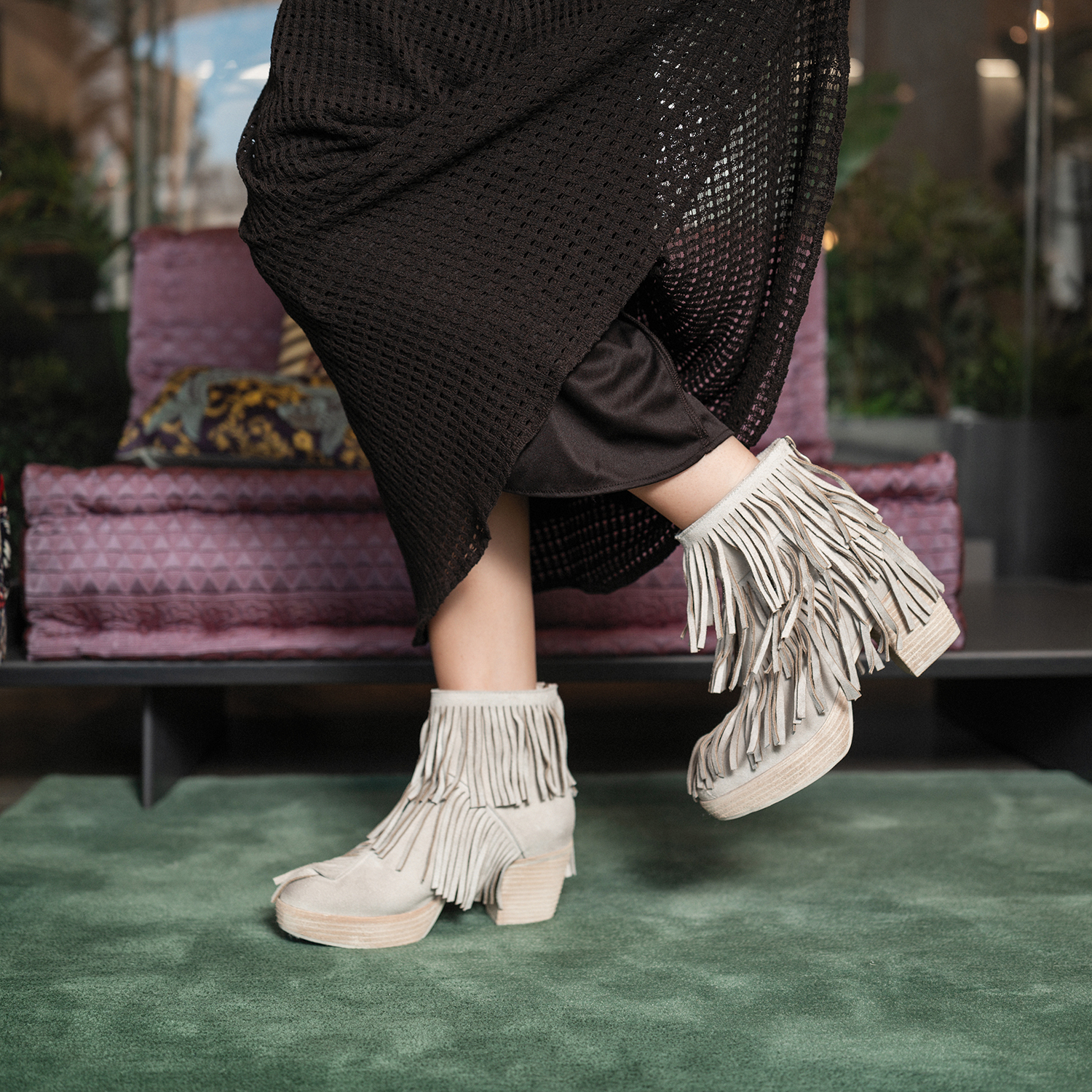 Antelope Q55 Ember Suede Fringe Ankle Booties Black Friday Sale - Platform Peep Toe Women's Boots Handcrafted Bohemian Style