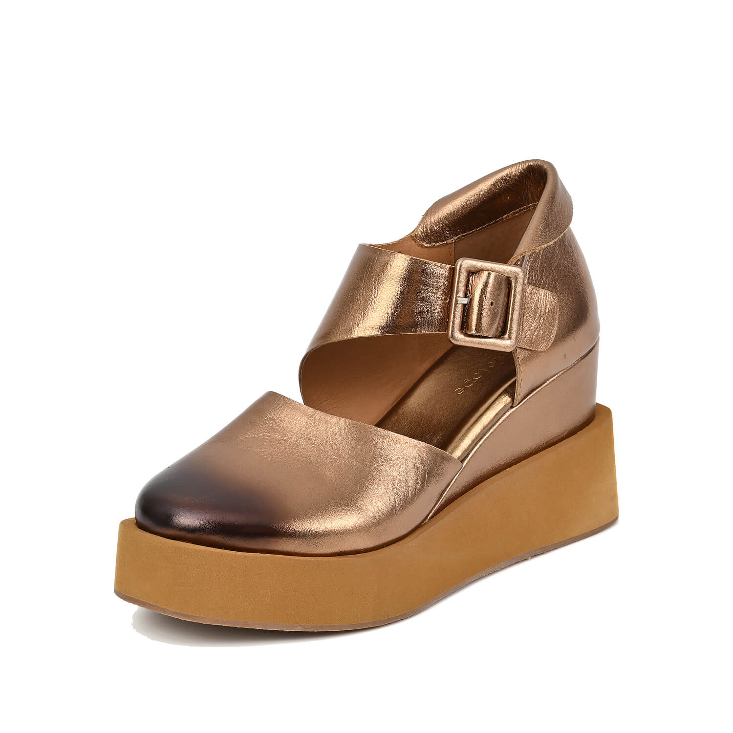 metallic platform clogs bronze buckle strap by Antelope Shoes